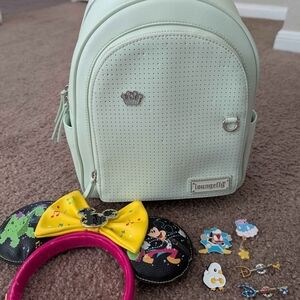 Loungefly Light Green Kids Backpack with Disney Pins